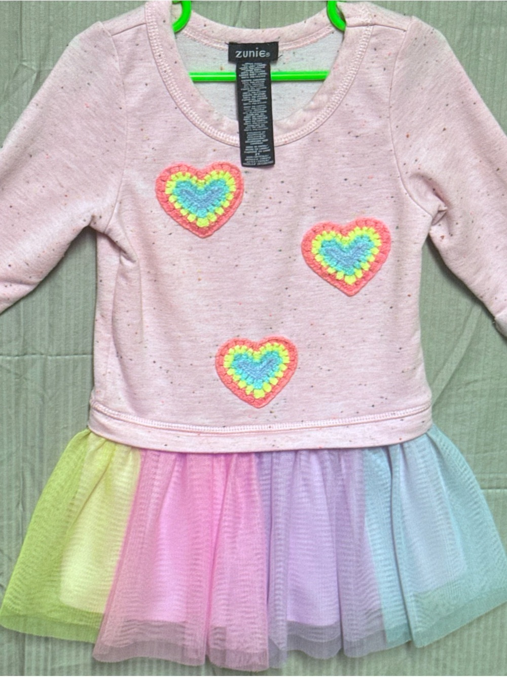 Zunie 2T Pink Crochet Hearts Rainbow Tulle Tutu Long Sleeve Dress